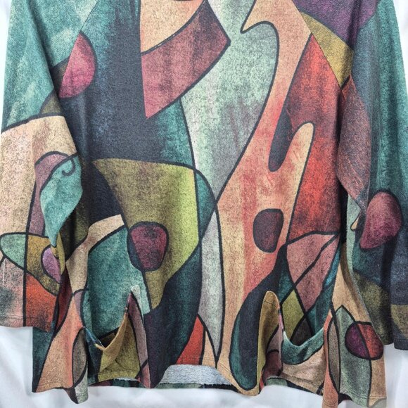 Jess & Jane Top Womens S Green Blouse 3/4 Sleeve French Brushed Knit Art To Wear - Picture 7 of 8